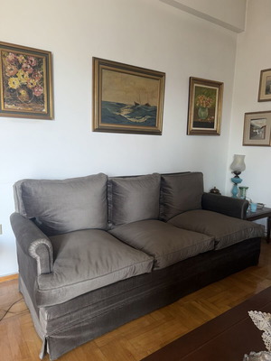 Vintage sofa set with 1 three-seater sofa and 2 velvet armchairs, grey