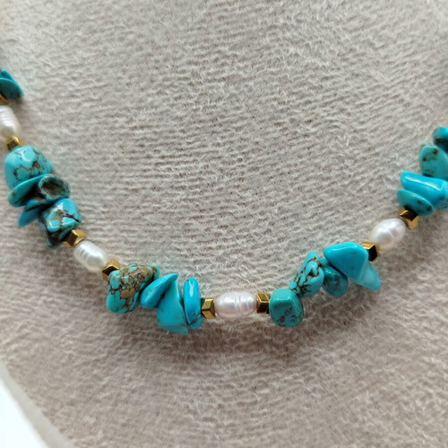 Handmade necklace with turquoise, pearl, hematite, glass, and stainless steel new