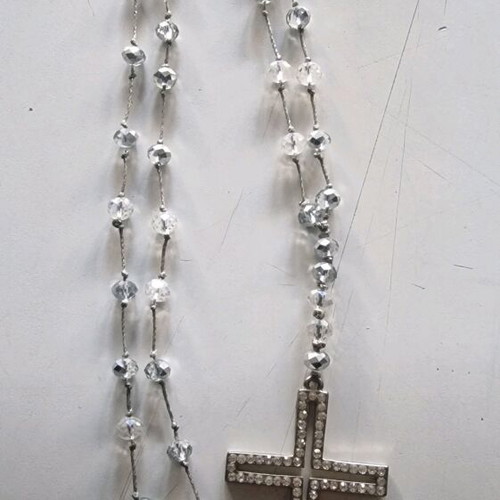 Long necklace with cross and transparent beads like new