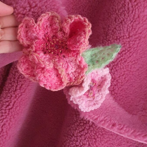 Coat new with crocheted handmade flowers pink S-M