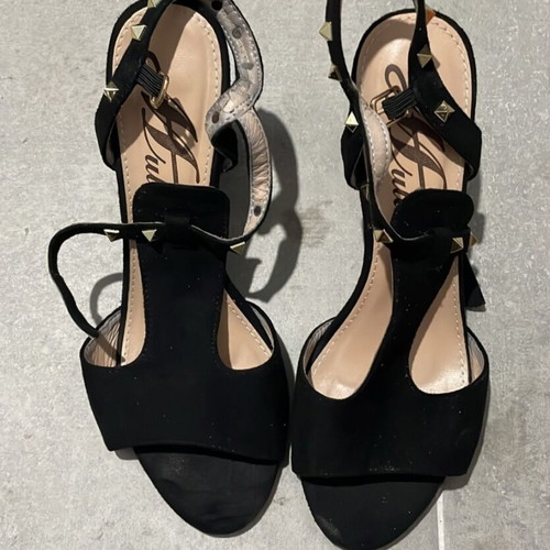 Black suede sandals with thick heel and gold studs like new, size 39