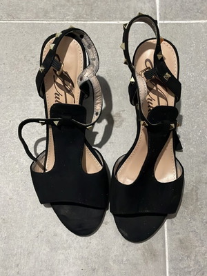 Black suede sandals with thick heel and gold studs like new, size 39
