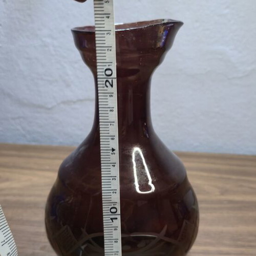 Vintage liqueur set in dark Bordeaux glass with 3 glasses like new