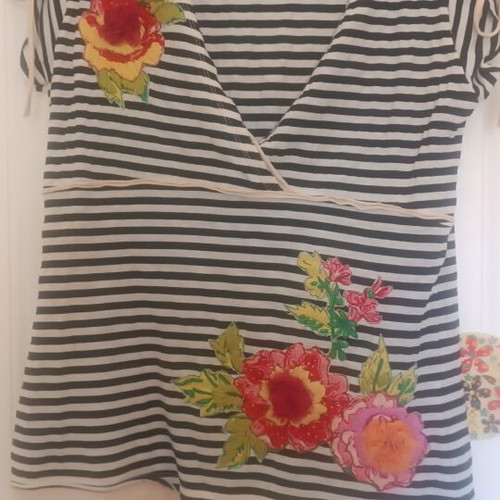 Derhy striped women's top with floral embroidery, size M