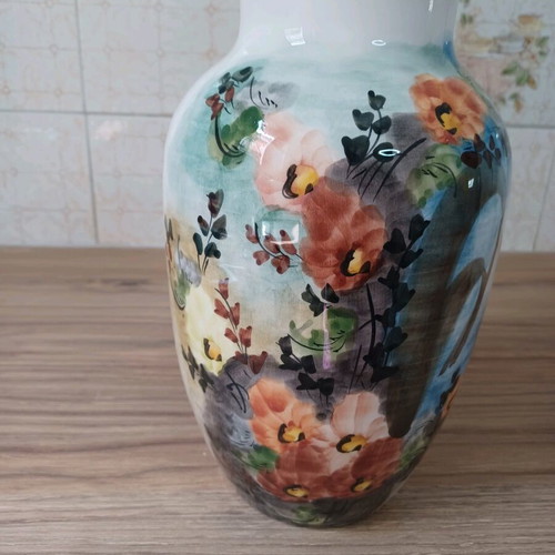Large ceramic vase handmade with vintage painting