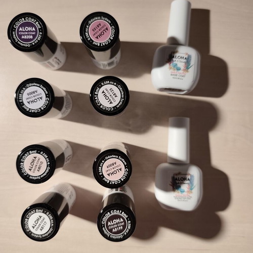 Hypoallergenic semi-permanent nail polishes set, 8 colors, base and top coat