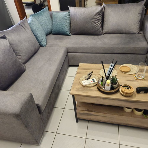 Corner sofa 2.20 x 2.20 m, grey with petrol cushions