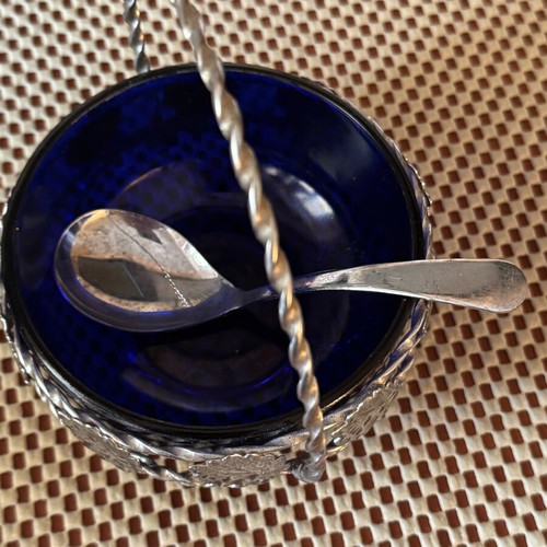 Dark blue crystal bowl with spoon in silver base vintage 60s