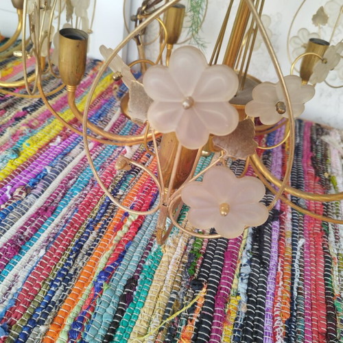 Vintage ceiling light set 2 pieces brass and opaline glass flowers used