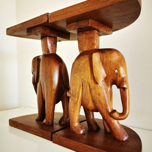 Handmade wooden carved elephant figurines set of 2 like new