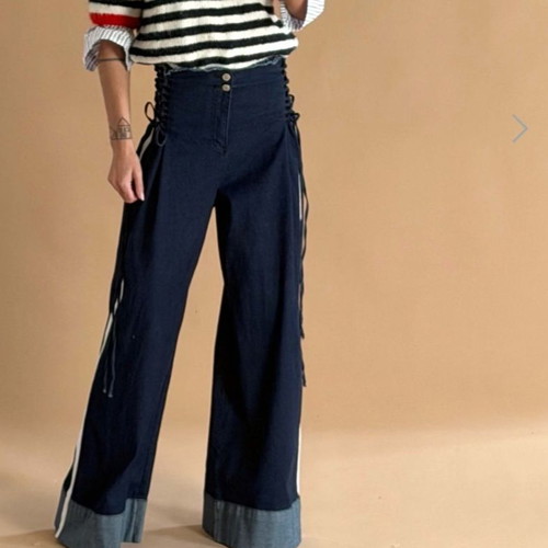 Meet to you Wide Leg Denim Jeans with Adjustable Waist, New, Blue