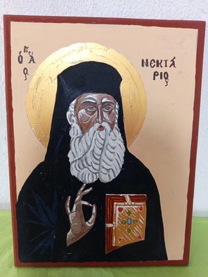 Saint Nektarios painted icon like new on thick wood