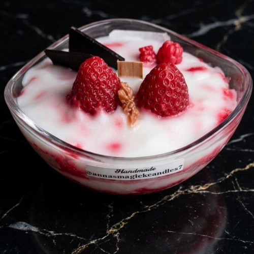 Strawberry Swirl Cheesecake candle in glass bowl