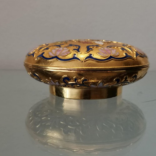 Cloisonne jewelry box used, gold tone with floral motifs and butterflies