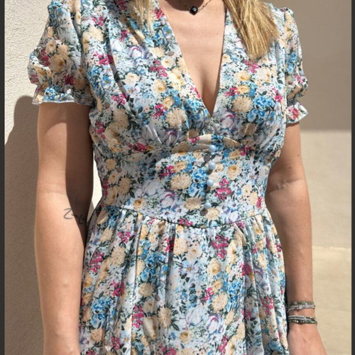 New beige and blue wrap dress with decorative buttons, one size