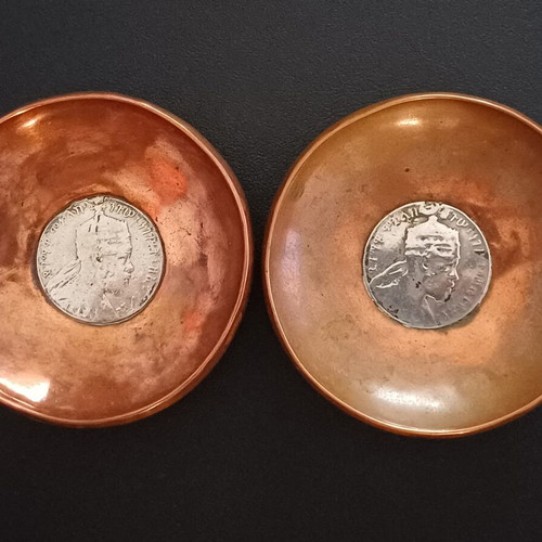 Vintage copper bowls set of 2 with silver 1 Birr coins Ethiopia Menelik II