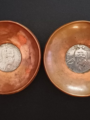 Vintage copper bowls set of 2 with silver 1 Birr coins Ethiopia Menelik II