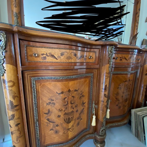 Louis XVI style buffet with mirror, like new, oak wood and marquetry