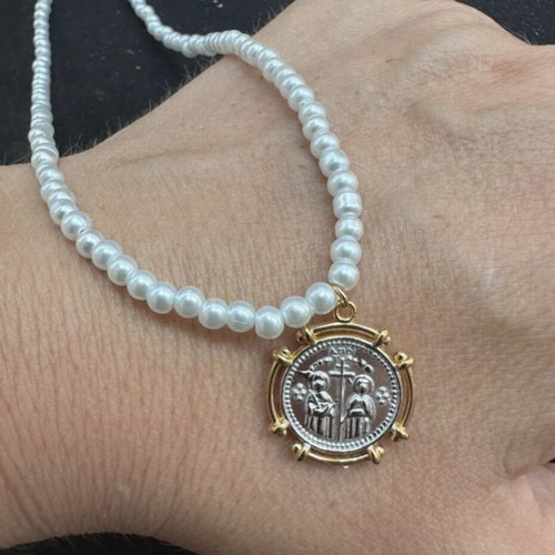 Double-sided Konstantinato necklace, steel, white and gold