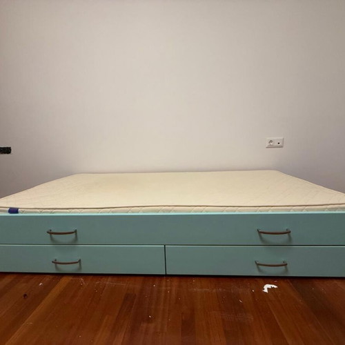 Wardrobe with drawers, bed with mattress, storage, lift-up desk, bookshelf