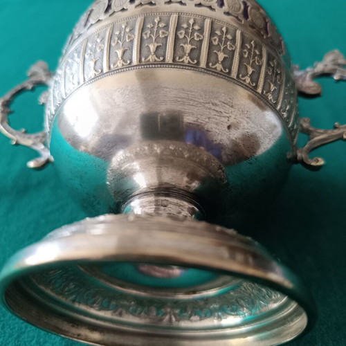 Vintage silver-plated Art Nouveau sugar bowl with blown red glass insert like new