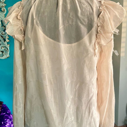 Iridescent floral semi-transparent blouse beige new, size M