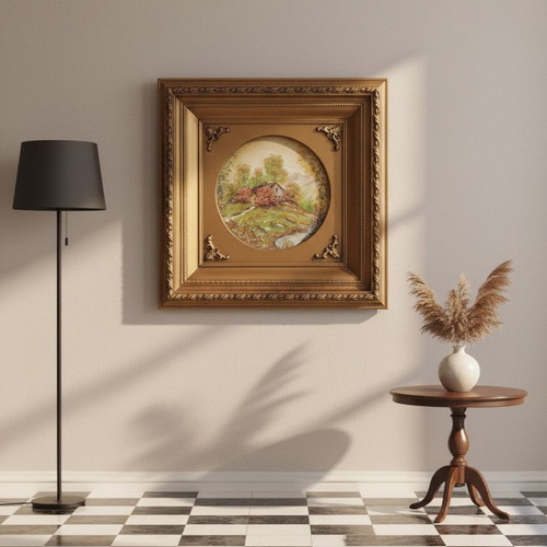 Painted Bavarian porcelain plate with gilded frame like new