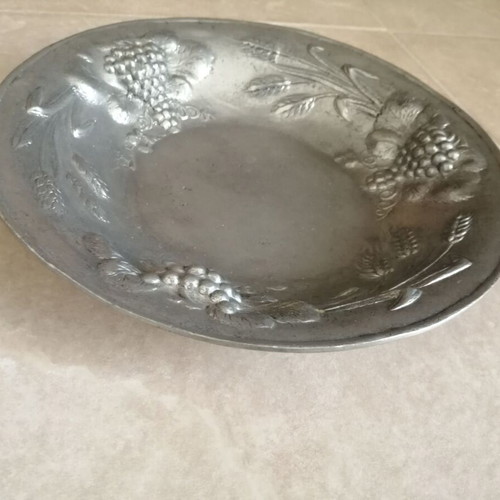 Vintage Pewter Decorative Bowl with Grapes and Wheat Motifs, Like New