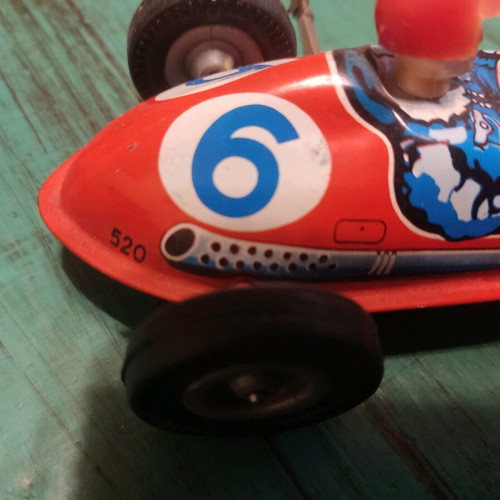 Tin formula car used, wind-up, functional, 17 cm