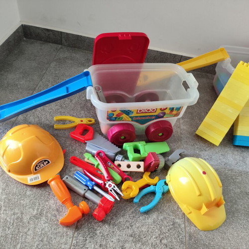 Building blocks and various tools in sliding trolley like new