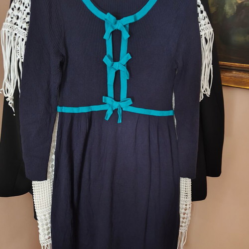 Alex Marie vintage romantic rib dress with turquoise bows, blue