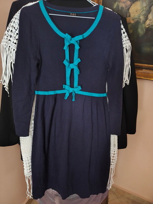 Alex Marie vintage romantic rib dress with turquoise bows, blue