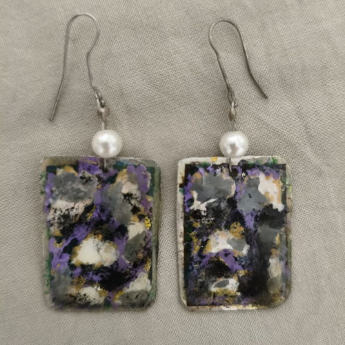 Handmade Earrings with Resin and Pearls, Abstract Design, Like New