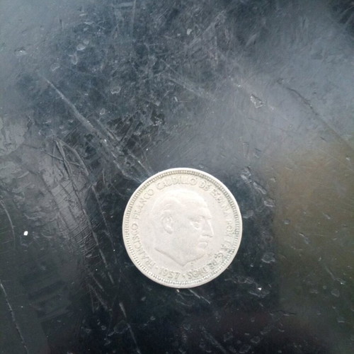 Coin 5 Pesetas Spain 1957 used, Franco