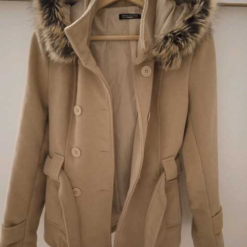 Woolen women's coat used size M beige with hood and belt