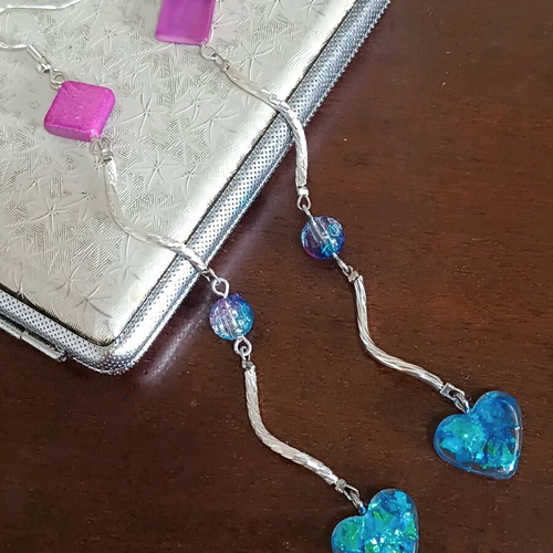 Heart earrings new handmade with resin and natural stone blue pink