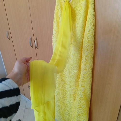 Maxi yellow evening dress with lace and strass, like new, size L/XL