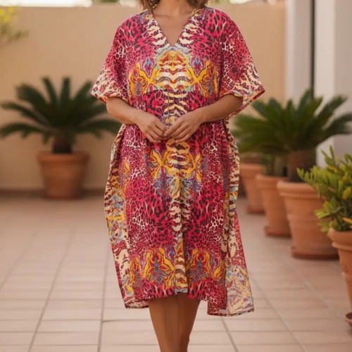 Kaftan midi dress with animal and abstract pattern, new, red