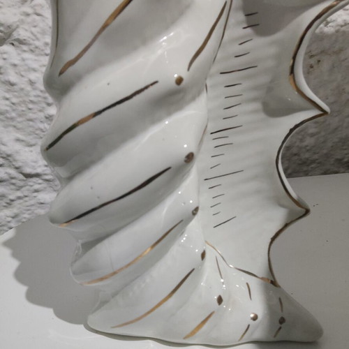 Porcelain shell vase with gold details, vintage mid-century