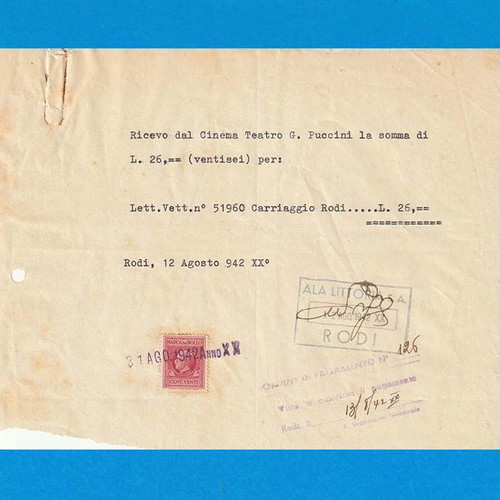 Ιστορική Ιταλική Απόδειξη πληρωμής μεταχειρισμένη, Cinema Teatro G. Puccini Ρόδος 1942