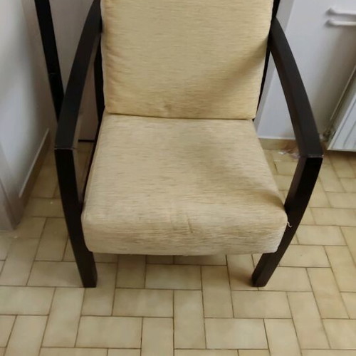Wedge armchair used, oak with yellow fabric upholstery