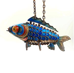 Sterling Silver Chinese Cloisonne Enamel Articulated Fish Pentant Fob!