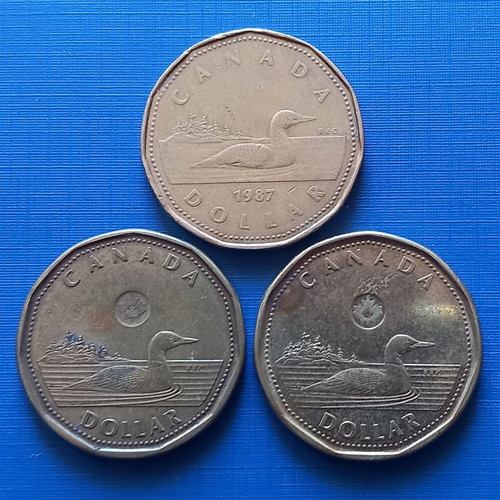 Canada 1 dollar used, set of 3 (1987, 2012, 2018)