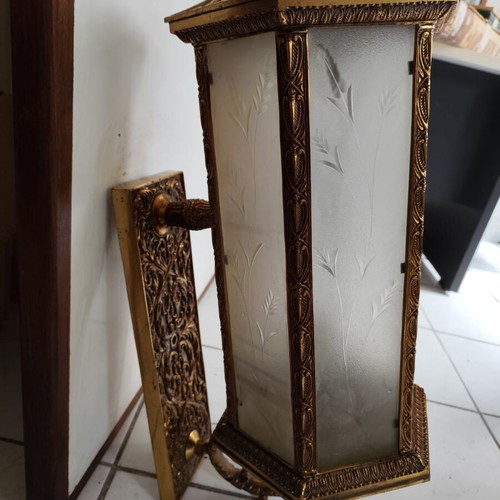 Vintage wall lamp with carved glass and golden metal frame like new