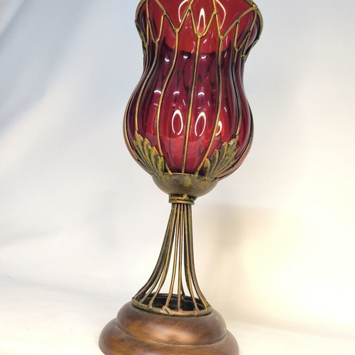 Handmade red glass vase candleholder with metal base and cage new
