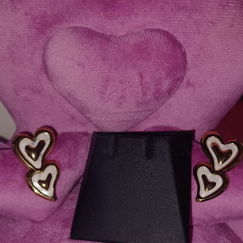 Double Heart Earrings like new, gold and white