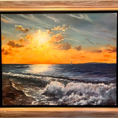 Oil painting Sunset Lefkada with frame, like new, 80x120 cm