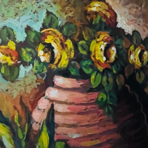 Painting by Lefteris Tsimogiannis with clay pot and flowers, framed