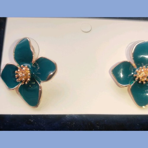 Flower stud earrings with petrol and gold enamel new