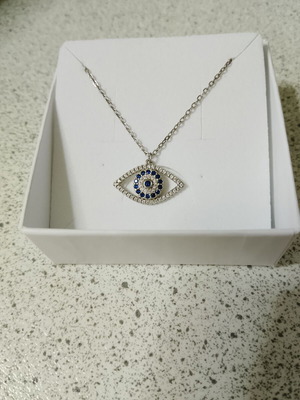 Silver necklace and earrings used, zircon, evil eye and infinity symbol set